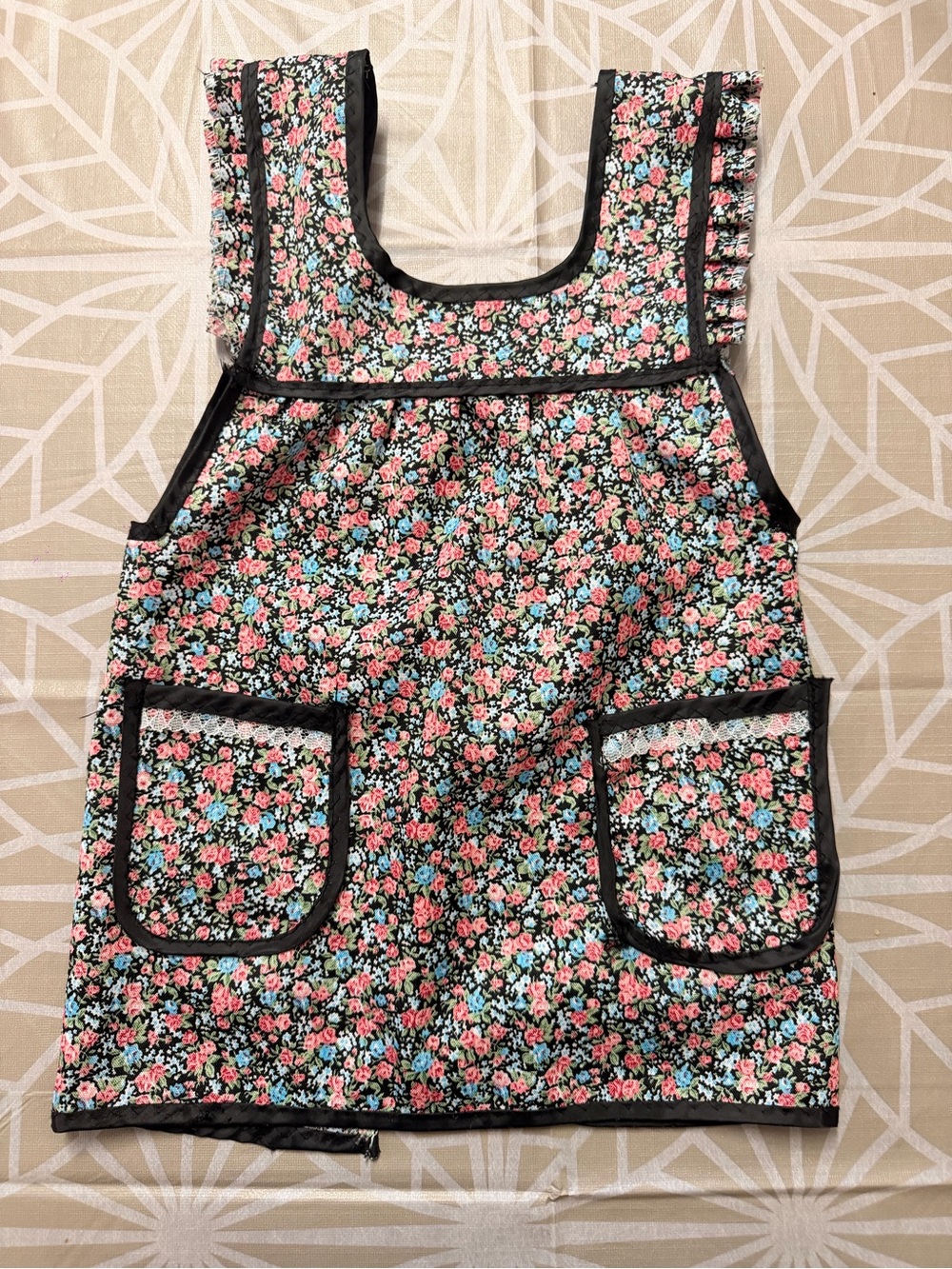 Source Unknown Floral Kids Bib Apron - Black with Pink & Blue Flowers
